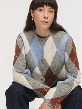 Marled Argyle Button-Front Cardigan - Grey, Blue, Cream & Brown